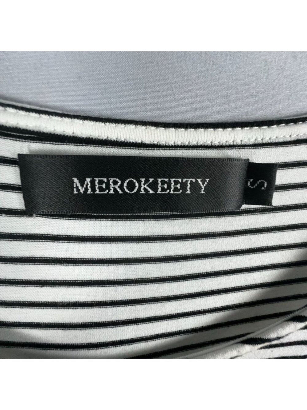 Merokeety Dress Size Small Black White Striped Midi 3/4 Sleeves Chest Pocket - Picture 5 of 12